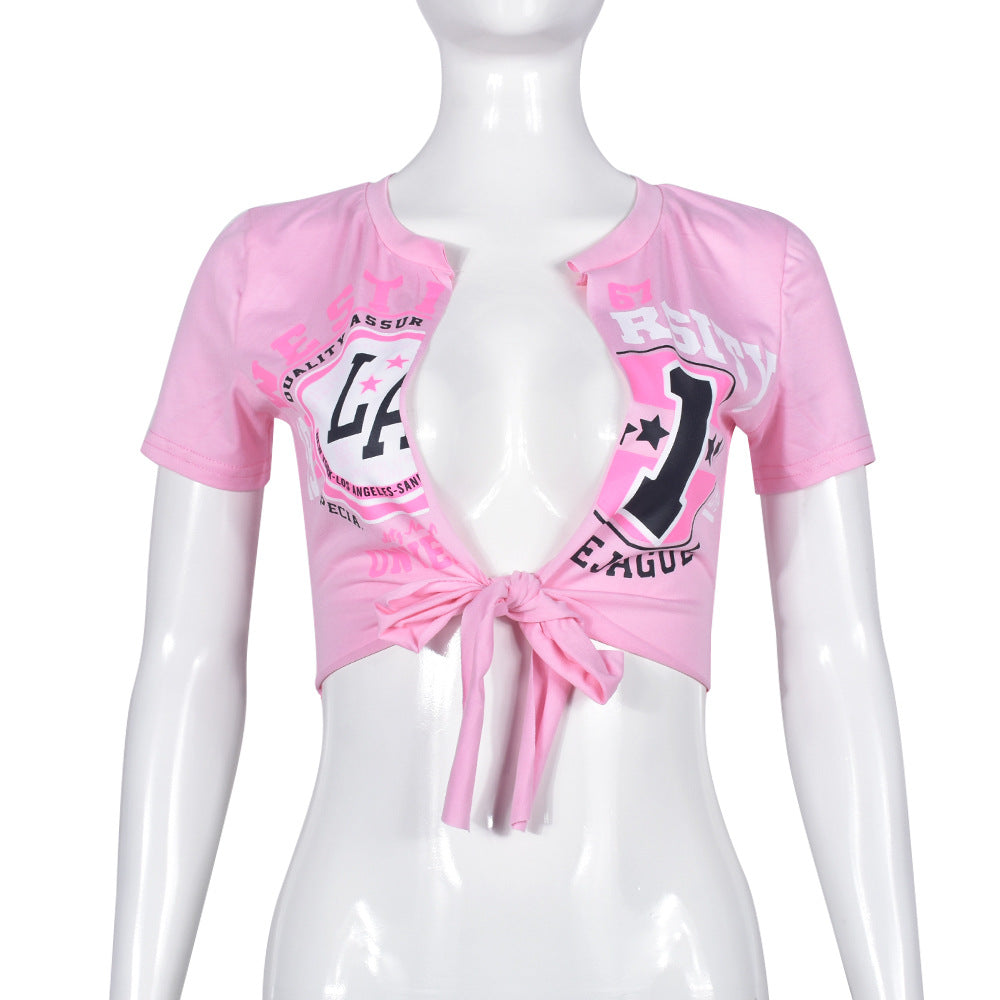 Adhesive Cement Hollow-out Short-sleeved Lace-up T-shirt Top