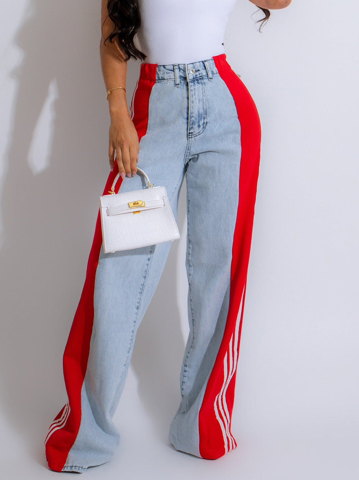 Fashion Casual High Waist Elastic Straight Leg Trousers Three Stripe Patchwork Denim Wide Leg Pants Streetwear