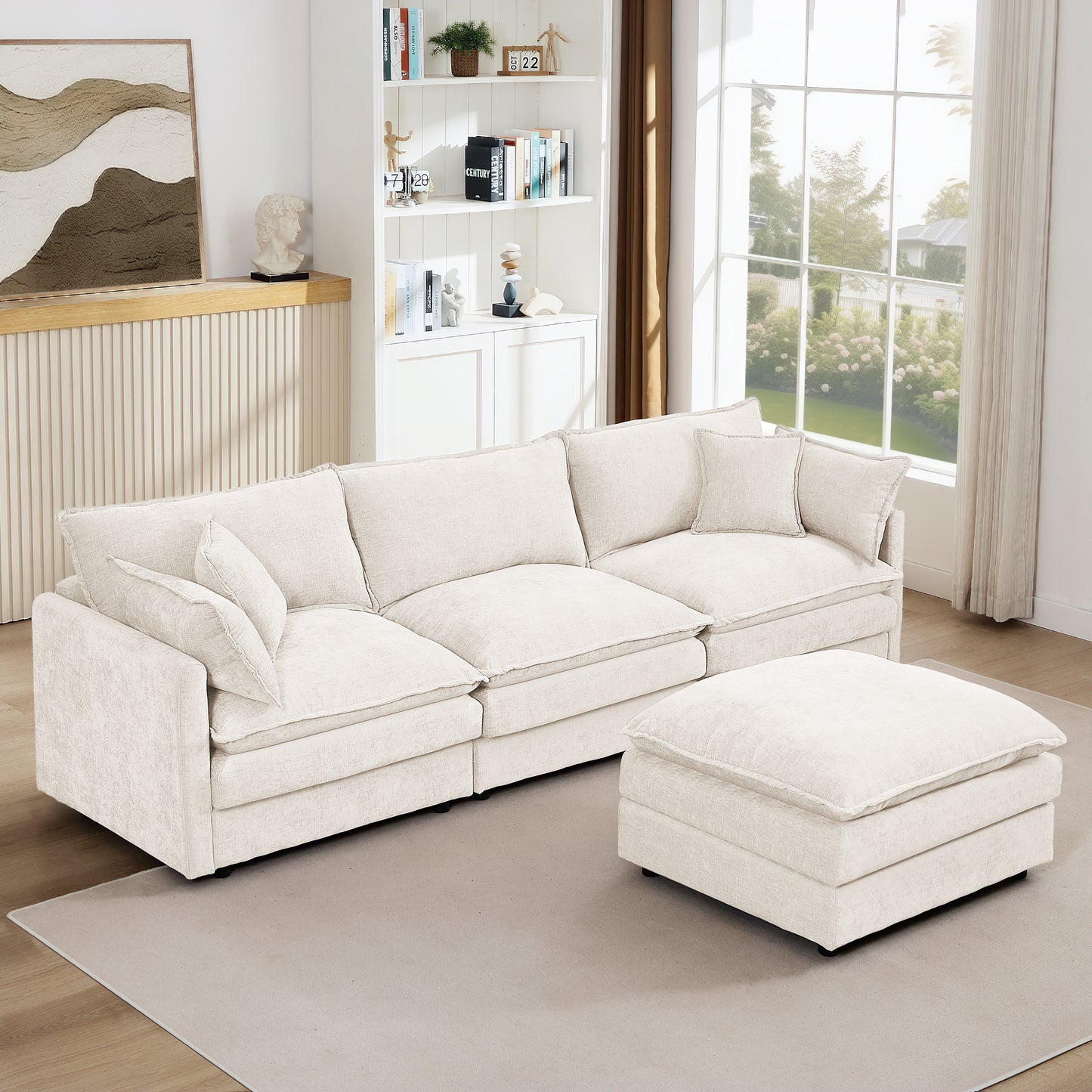 Modular Sectional Sofa, 102 Inch L Shaped Couch Set For Living Room, 3-Seater Comfy Cloud Couches With Movable Ottoman, DIY Combination, Chenille, Beige