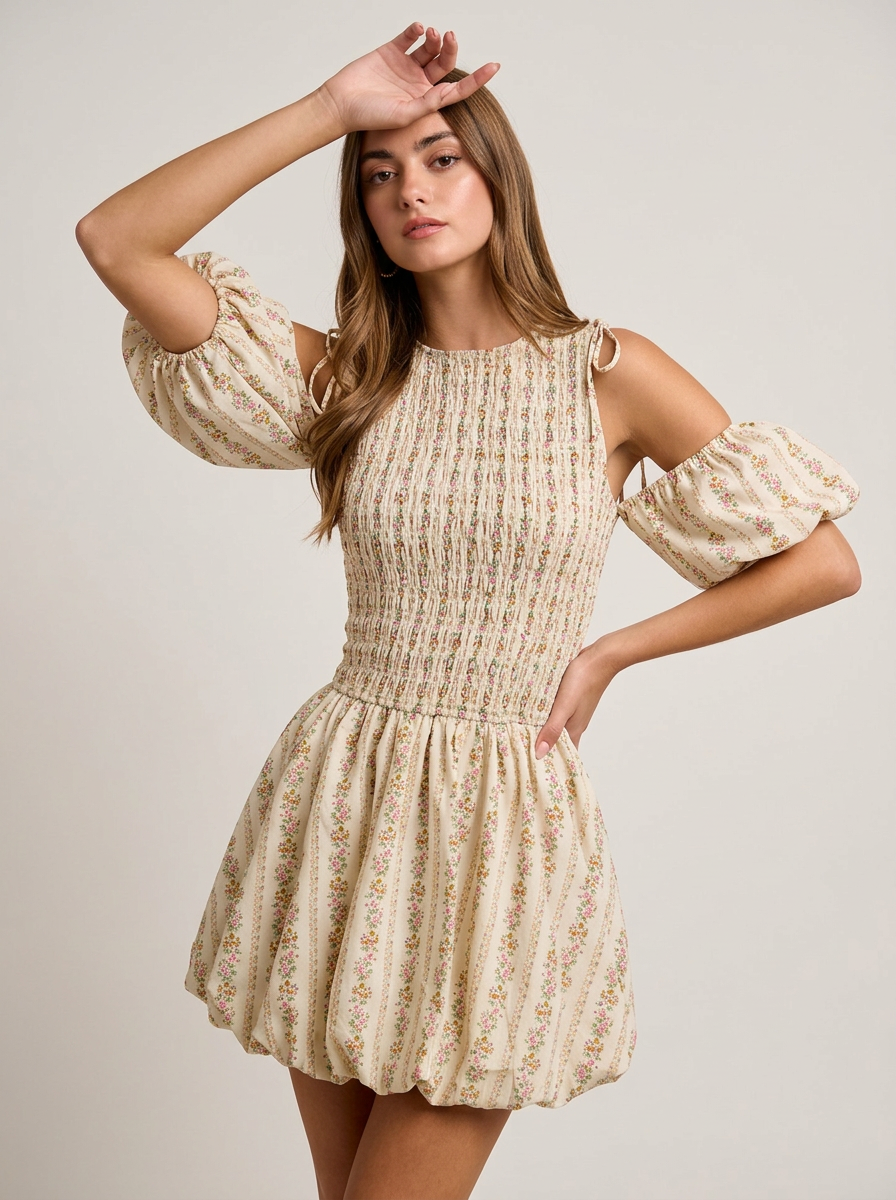 BiBi Floral Bow Tie Attachable Puff Sleeves Dress