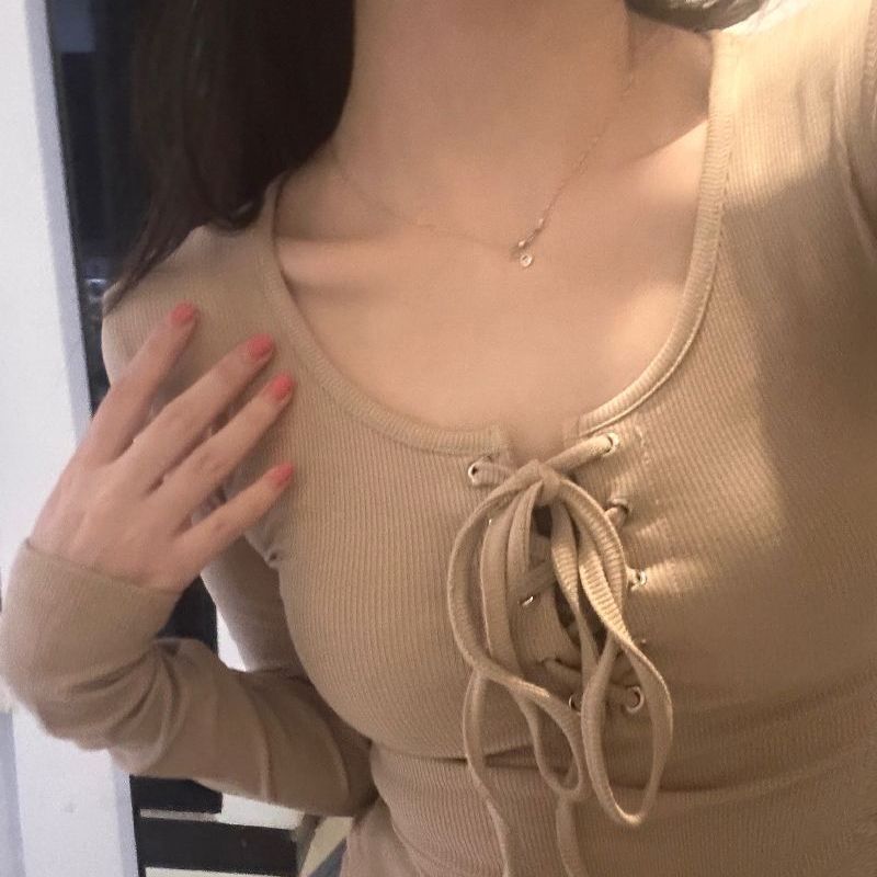 Lace-up U-neck Tight T-shirt Long Sleeve Shoulder Bottoming Shirt