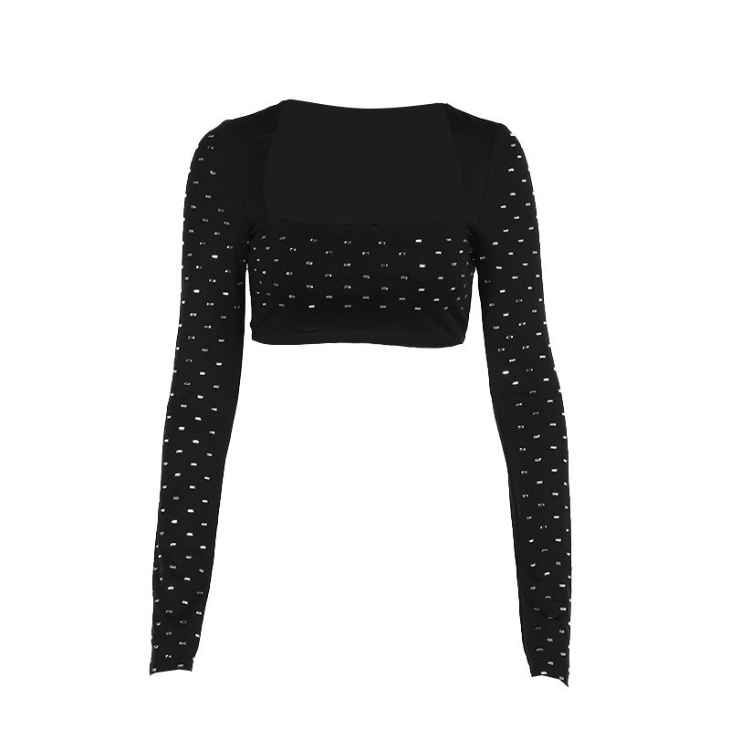 Street Style Hot Girl All-match Rhinestone Square Collar Short Long Sleeve