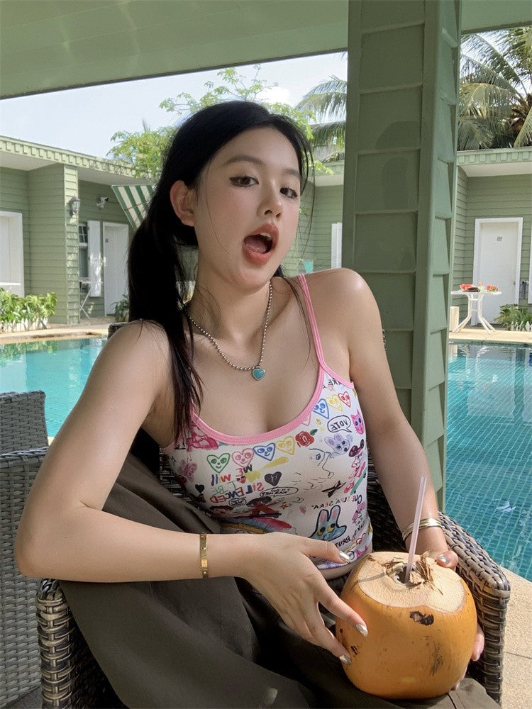 Sweet Hot Girl Cute Cartoon Graffiti Outer Wear Short Printed Sling