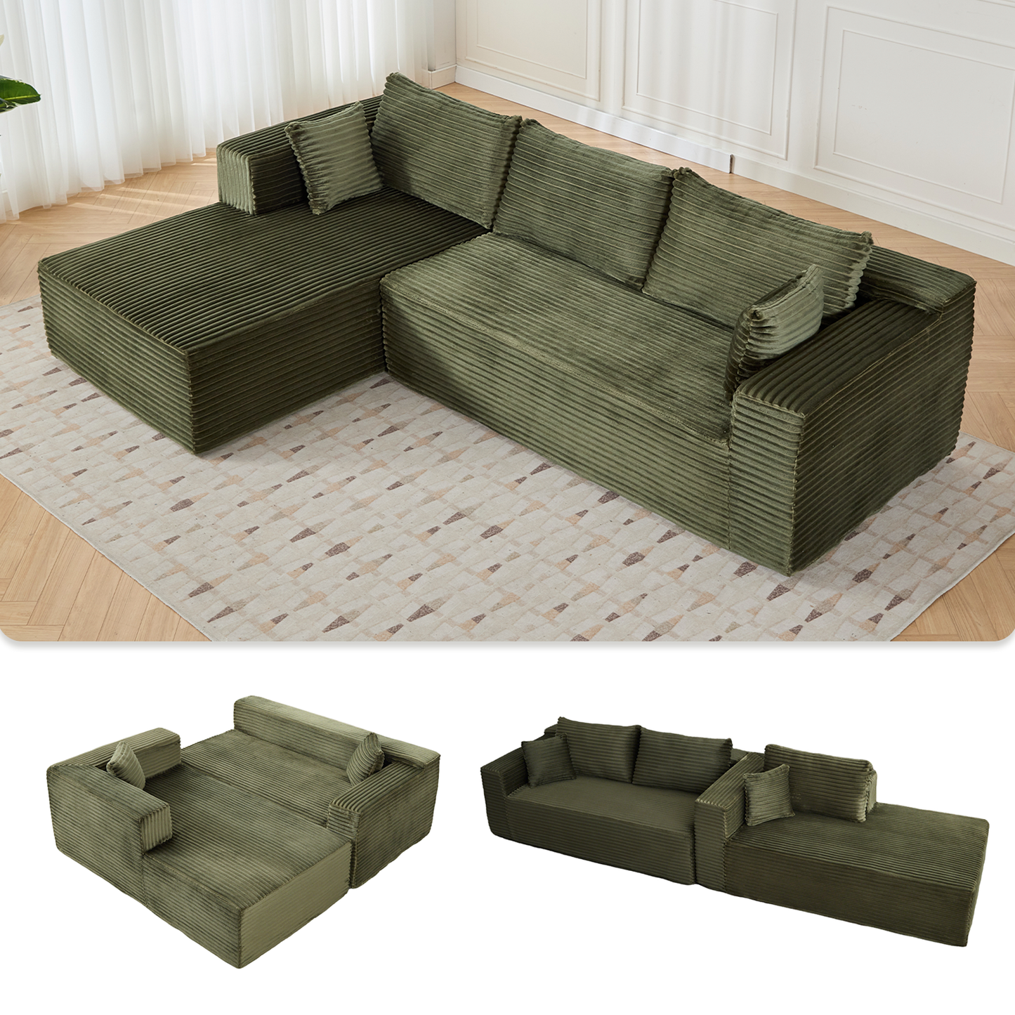 Compression Sectional Couch With Comfy Chaise, Boneless L Shape Sofa With Deep Seat, Minimalist Modular Couches Sleeper For Living Room Bedroom Apartment Lounge,corduroy,Green