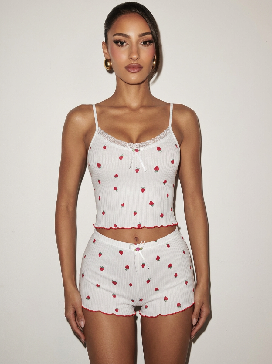 New Printed Big Pit Strip Home Ladies Bow Suspender Shorts Strawberry Printed Two-piece Suit Lace