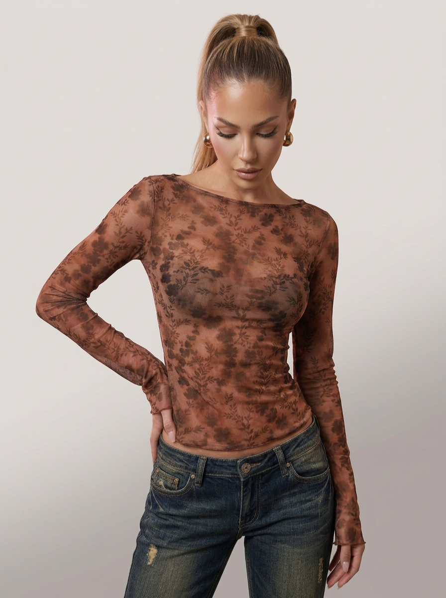 Millennium Niche Printed Mesh See-through Boat Neck Long Sleeve T-shirt