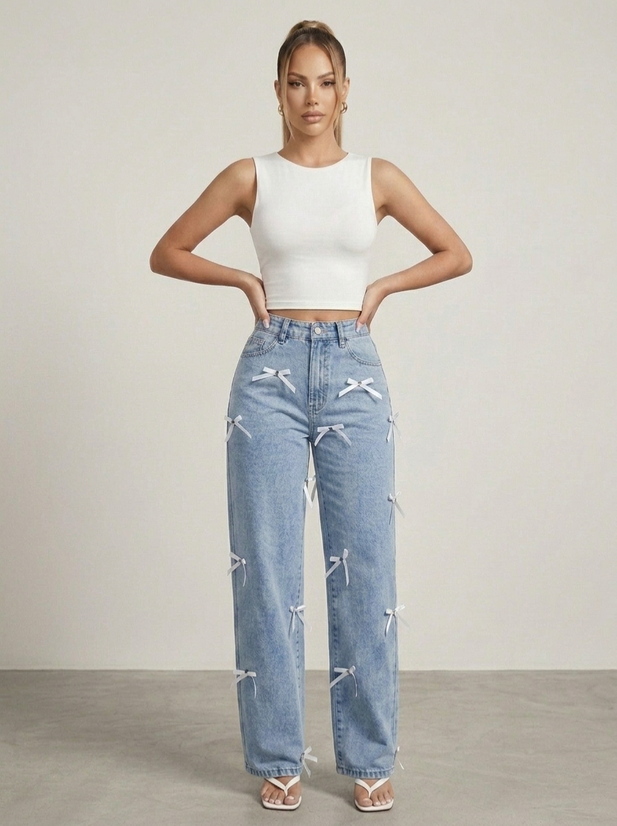 Bow Decor High Waist Wide Leg Jeans