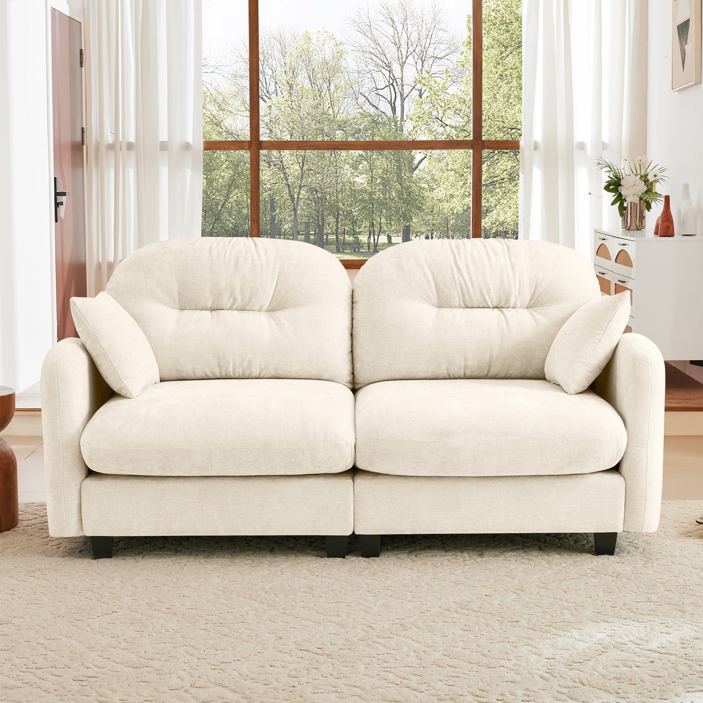 Loveseat Cloud Sectional Couches Chenille Fabric, Quilted Pleated Design, Ergonomic Design, High-Density Foam Easy Install Elegant Armrests High Quality Wooden Base,Fits Living Rooms,Beige