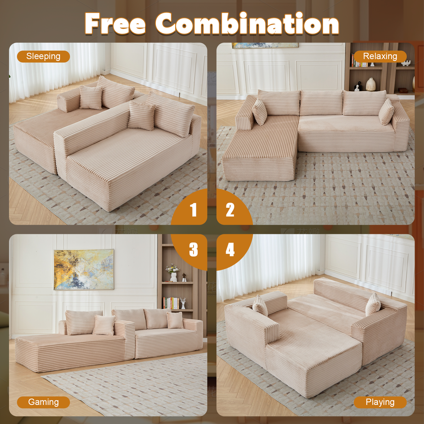 Compression Sectional Couch With Comfy Chaise, Boneless L Shape Sofa With Deep Seat, Minimalist Modular Couches Sleeper For Living Room Bedroom Apartment Lounge,corduroy,Beige