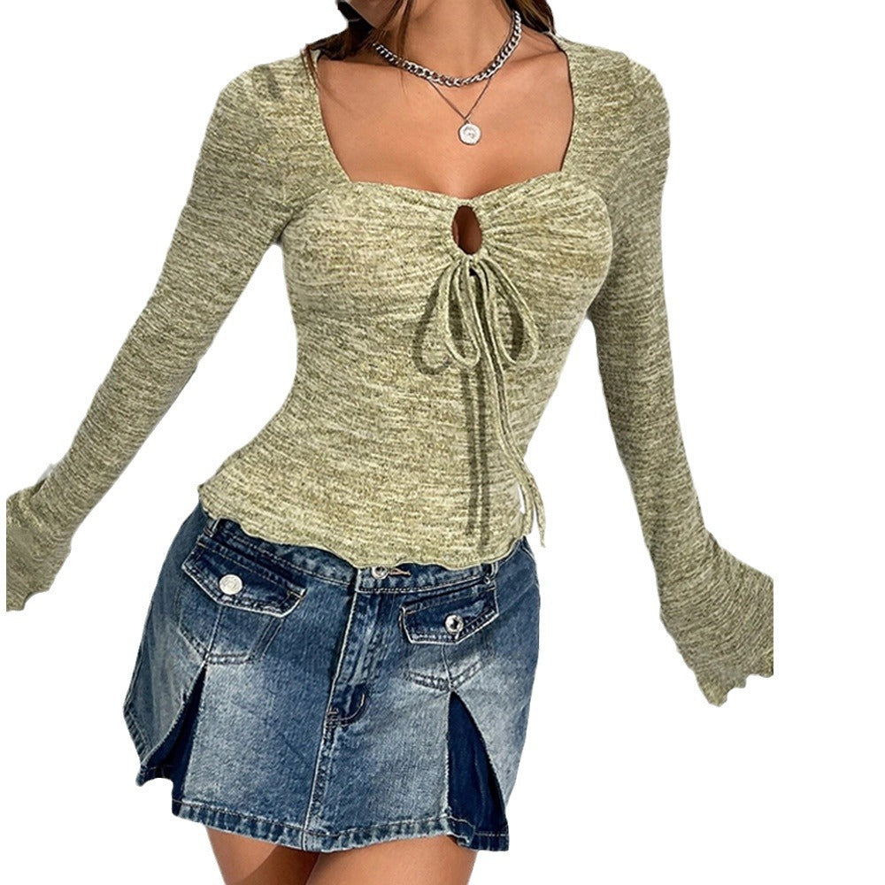 European And American Chicken Collar Bell Sleeve Hollow Out Slim Fit Long-sleeved T-shirt