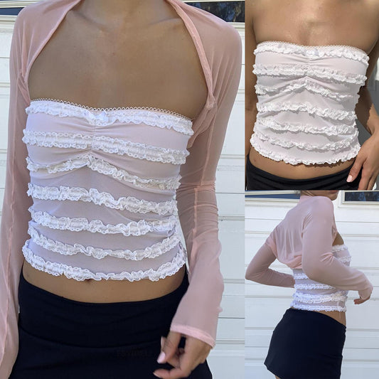 Tube Top Sleeveless Beauty Back Slim Fit Hot Girl Sexy Lace Mesh