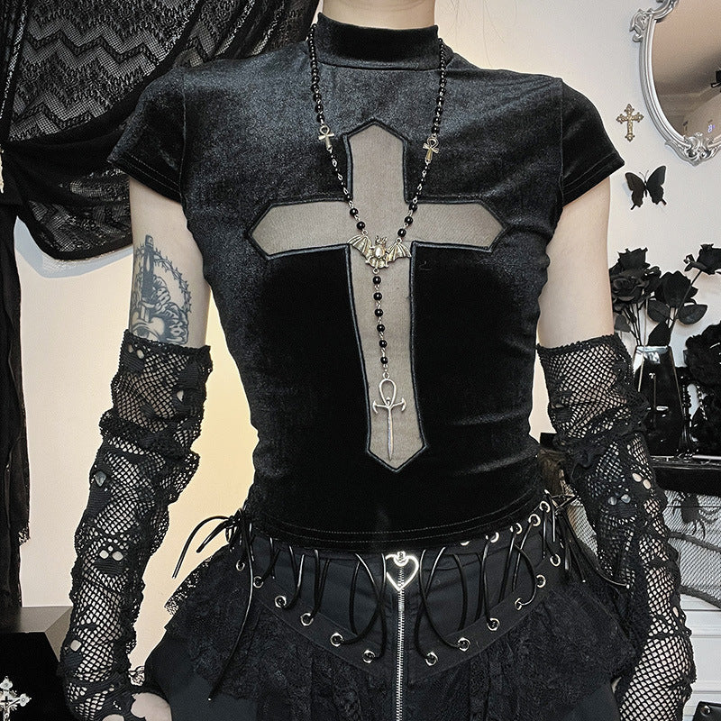 Turtleneck Cross See-through Short Sleeve T-shirt