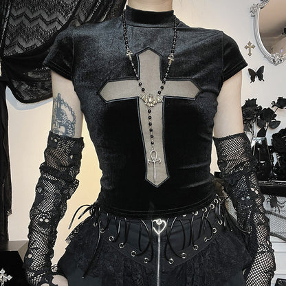 Turtleneck Cross See-through Short Sleeve T-shirt