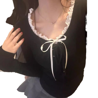 Lace-up U-neck Tight T-shirt Long Sleeve Shoulder Bottoming Shirt