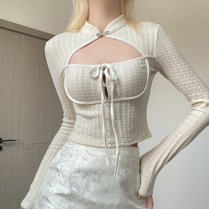 Chinese-style Design Button Stand Collar Knitted Top