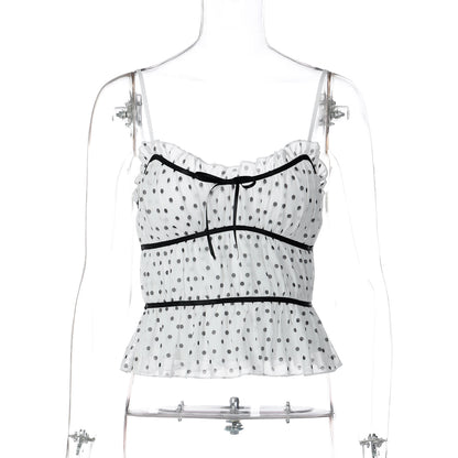 Womens Polka-Dot Printed Mesh Sexy Low-Cut Camisole