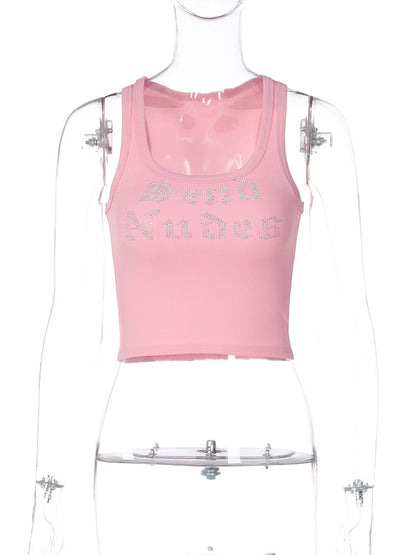 Fashion Casual Letter Rhinestone Short Vest For Women