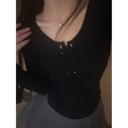 Lace-up U-neck Tight T-shirt Long Sleeve Shoulder Bottoming Shirt