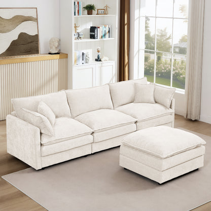 Modular Sectional Sofa, 102 Inch L Shaped Couch Set For Living Room, 3-Seater Comfy Cloud Couches With Movable Ottoman, DIY Combination, Chenille, Beige
