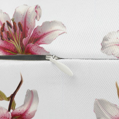 Floral Pink Lily Lumbar Pillow — Watercolor Botanical Accent Cushion