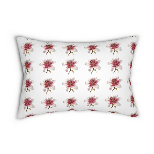 Floral Pink Lily Lumbar Pillow — Watercolor Botanical Accent Cushion