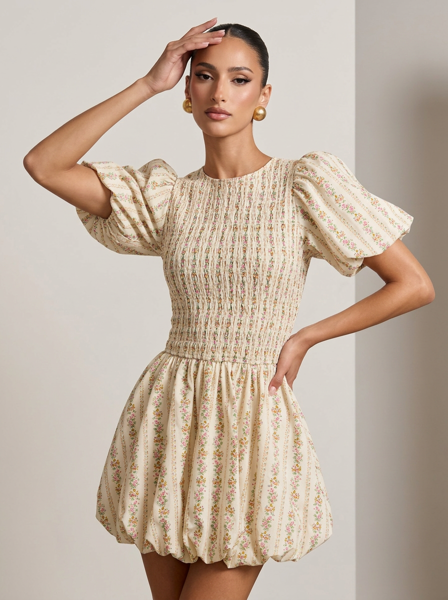 BiBi Floral Bow Tie Attachable Puff Sleeves Dress