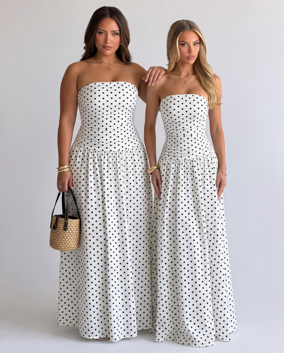 Polka Dot Ruched Strapless Maxi Dress