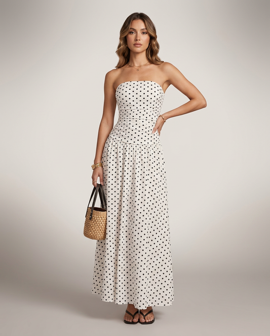 Polka Dot Ruched Strapless Maxi Dress