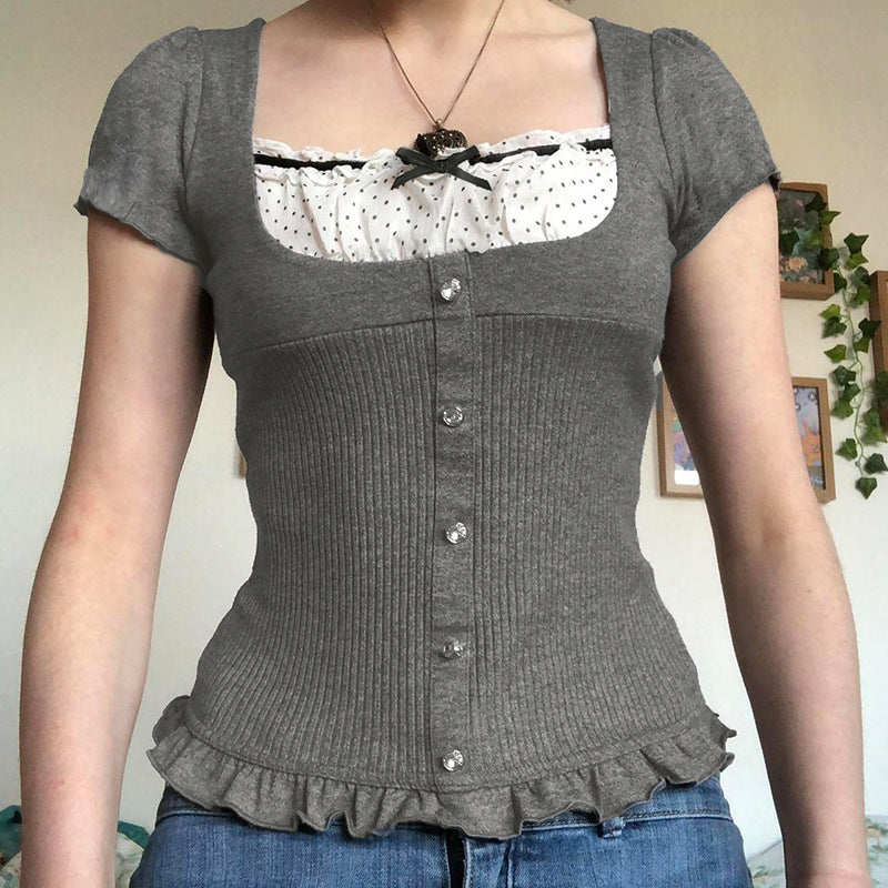 Lace Stitching Bow Square Collar High Waist Short Sleeve T-shirt Top