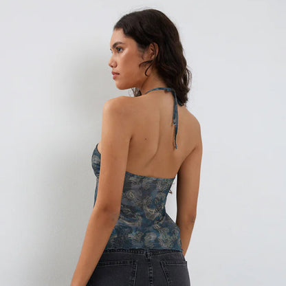 Classic Style Temperament Sexy Mesh Floral Print Halter Top Women