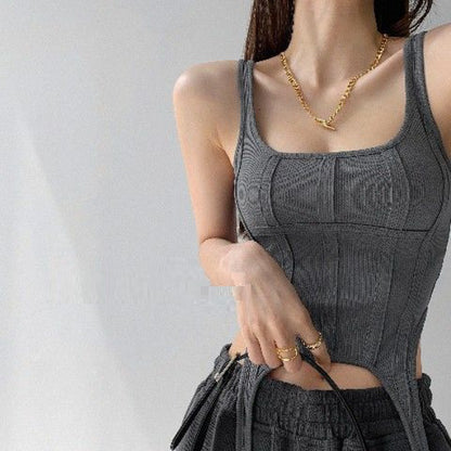 Irregular Hook Chic Bottoming Shirt Outer Wear Square Collar Sleeveless