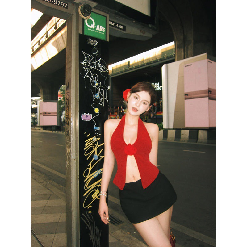 Three-dimensional Flower Knitted Halter Spaghetti Straps Vest