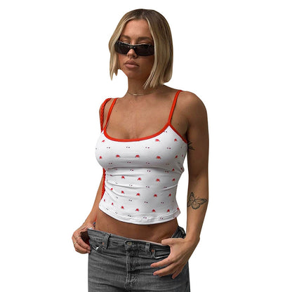 Women's Fashion Color Contrast Cherry Flower Print Camisole Top