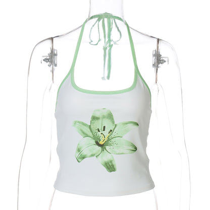 Printed Halterneck Lace-Up Ultra-Cropped Midriff-Baring Tank Top