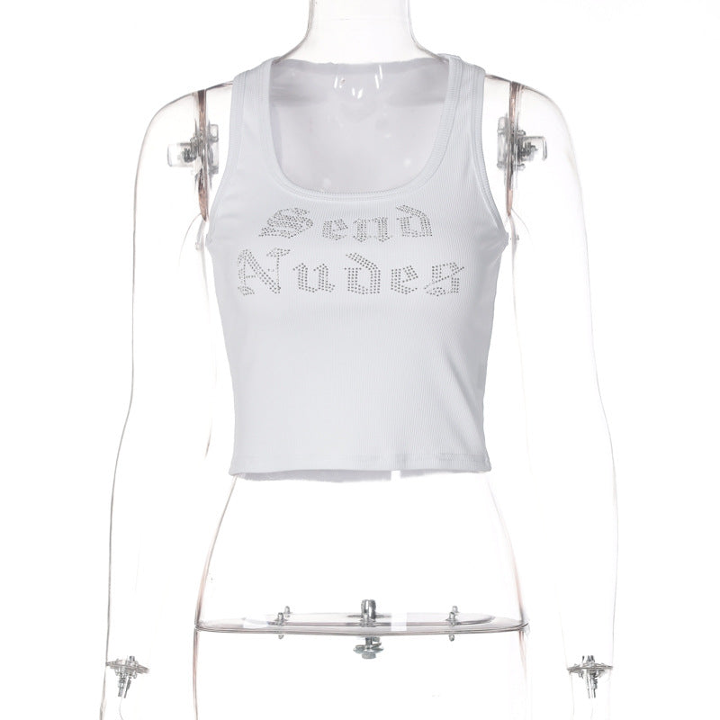 Fashion Casual Letter Rhinestone Short Vest For Women