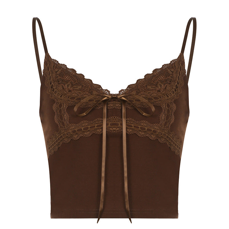American-style Low-cut Solid Color Stitched Backless Small Vest Women's Lace With Bow