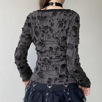 European And American Dark Style V-neck Hole Stitching T-shirt
