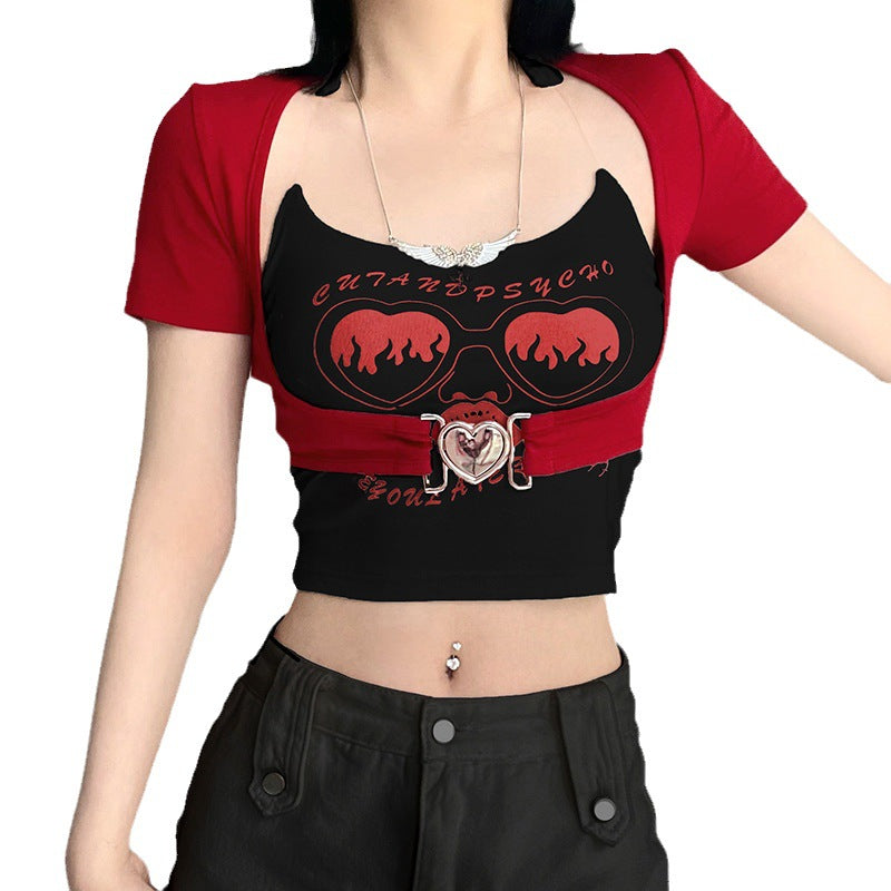 Fashion Graffiti Printing Invisible Shoulder Strap Vest T-shirt Two-piece Set