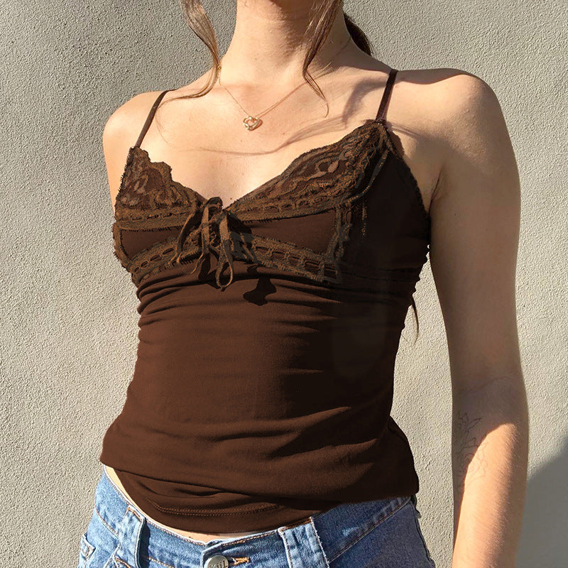 American-style Low-cut Solid Color Stitched Backless Small Vest Women's Lace With Bow