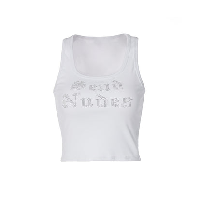Fashion Casual Letter Rhinestone Short Vest For Women