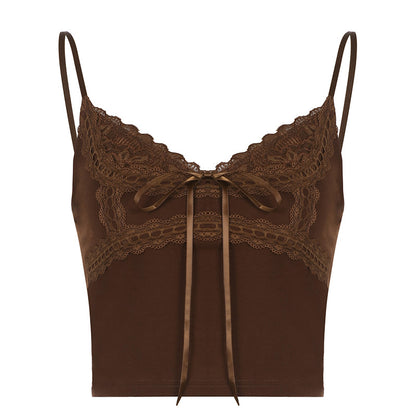 American-style Low-cut Solid Color Stitched Backless Small Vest Women's Lace With Bow