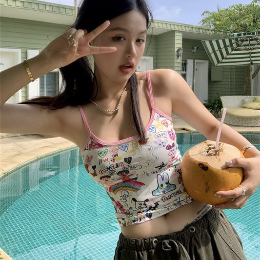 Sweet Hot Girl Cute Cartoon Graffiti Outer Wear Short Printed Sling