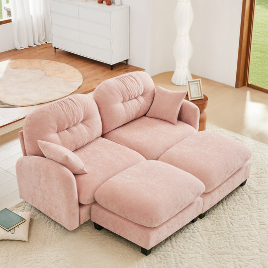 Cloud Sectional Couches,Premium Chenille Fabric Paired With Soft Throw Pillows,Quilted Pleated Design High-Density Foam Ergonomic Design Easy Install Elegant Armrests,Fits Bedrooms,Pink