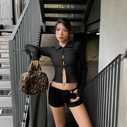 All-match Sunken Stripe Lapel Button Long-sleeved Top
