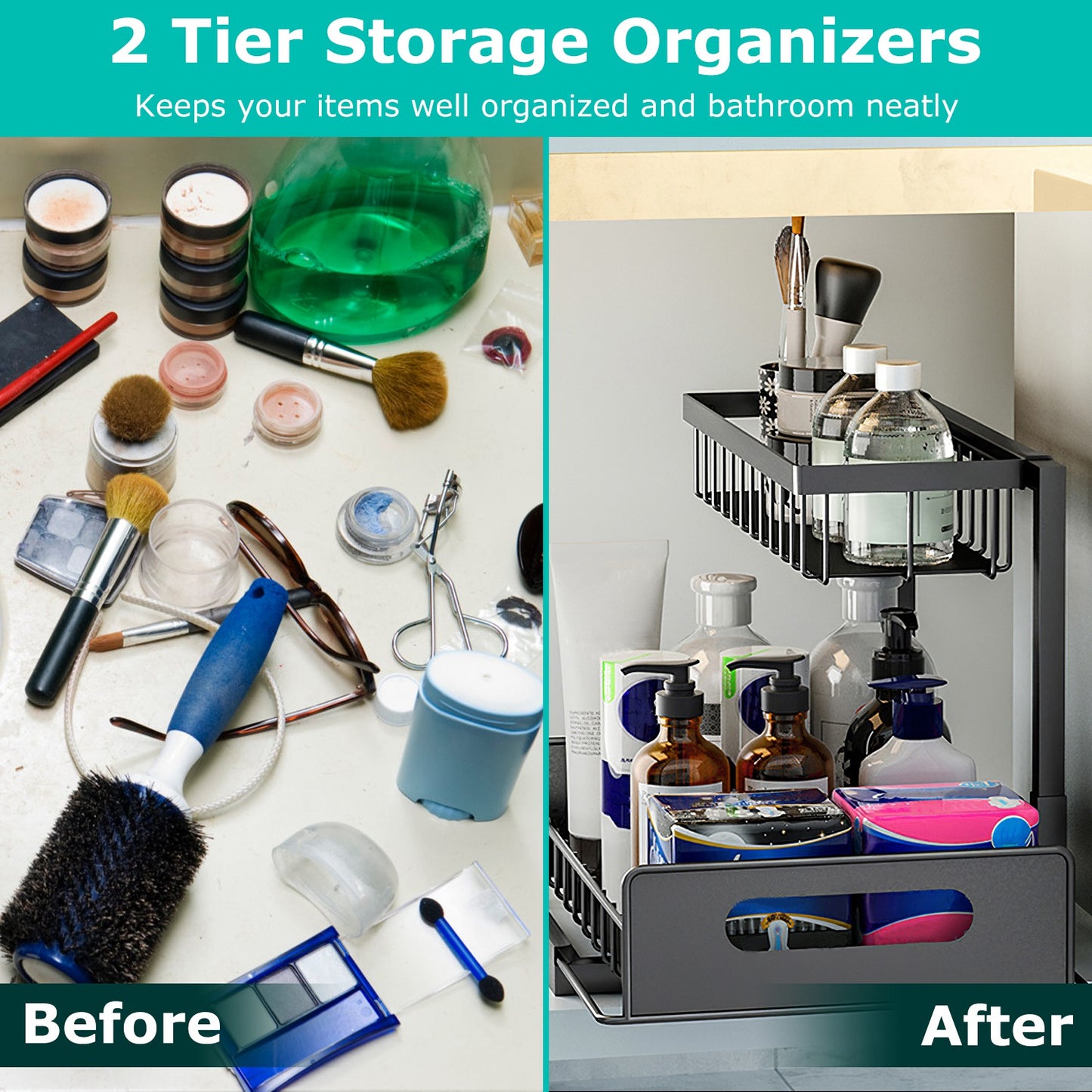 2 Tier Under Sink Organizers Pull Out Under Cabinet Basket Storage Shelf Sliding Drawer For Kitchen Bathroom