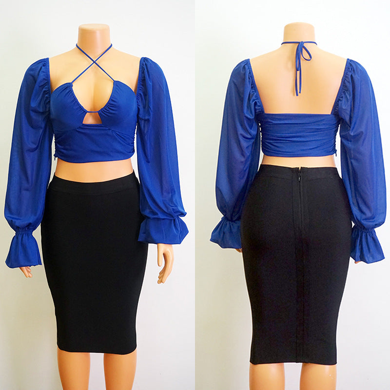 Blue Top Design Women's Fashionable Sexy Beach Lantern Sleeve Backless Halter Lace-up Hot Girl Top