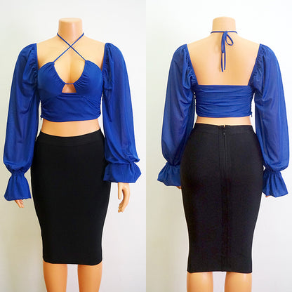Blue Top Design Women's Fashionable Sexy Beach Lantern Sleeve Backless Halter Lace-up Hot Girl Top
