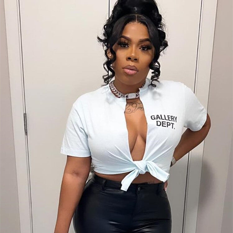 Women's Fashion Casual Deep V Twist Letter Print T-Shirt
