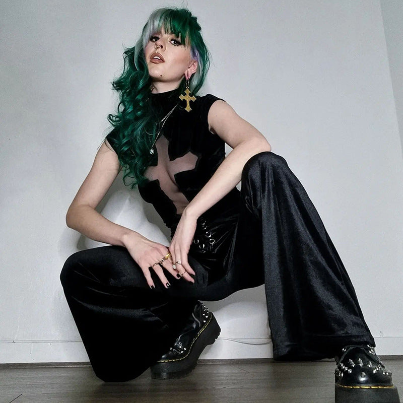 Turtleneck Cross See-through Short Sleeve T-shirt