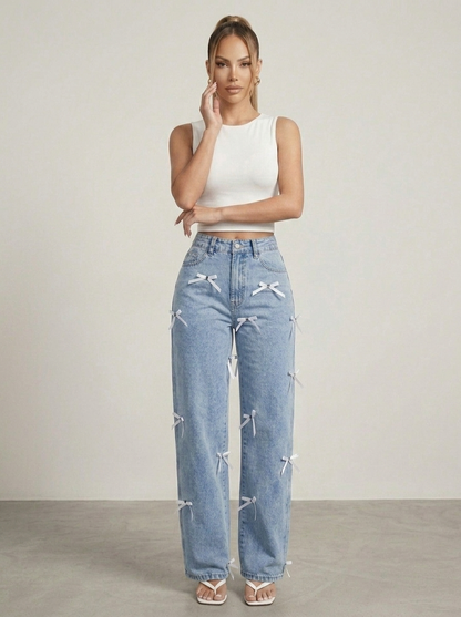 Bow Decor High Waist Wide Leg Jeans